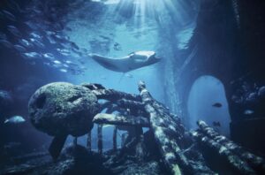 A large fish swimming in the ocean under water.